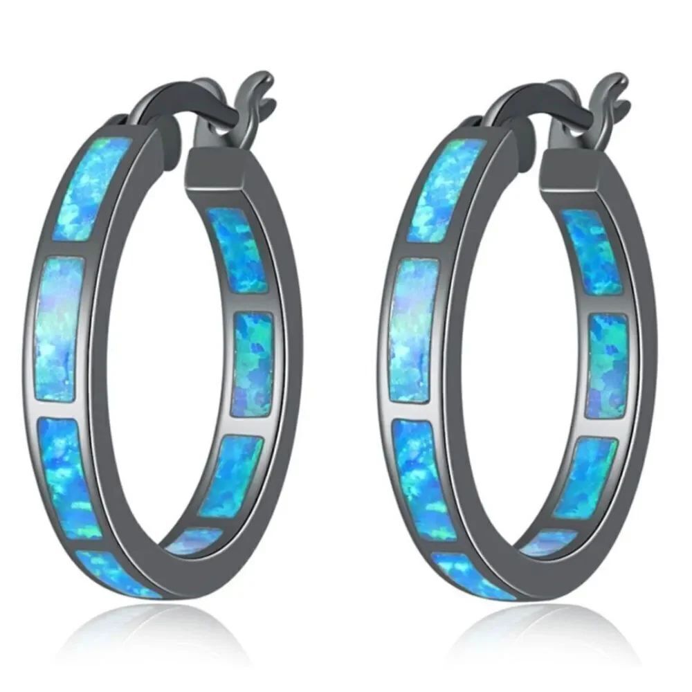 14K Black Gold with Genuine Blue Fire Opal Round Latch Back Hoop Earrings